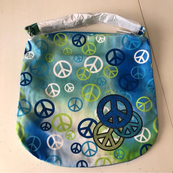 Blue Green Peace Sign Cotton Canvas Crossbody Shoulder Bag Bohemian Hippie Bag - Picture 11 of 14